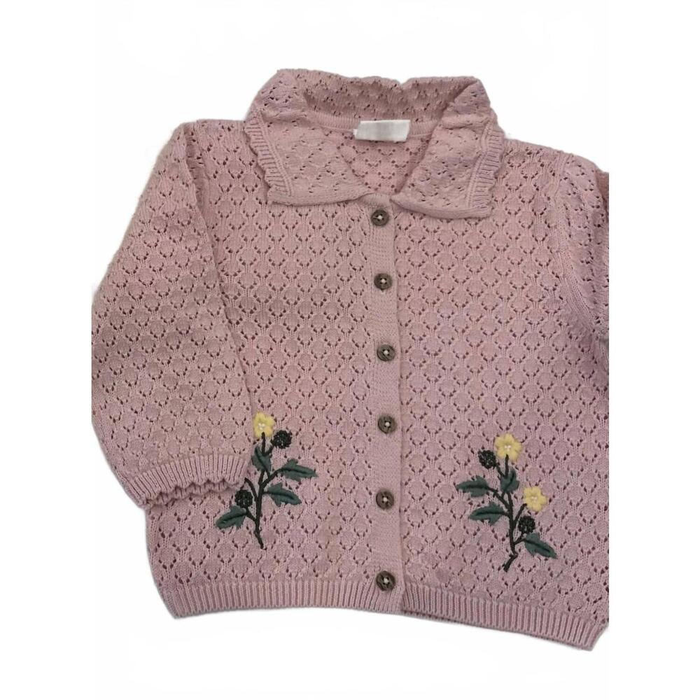 NEW LULI FAMA girl's lily floral textured baby knit collar cardi shirt in baby p